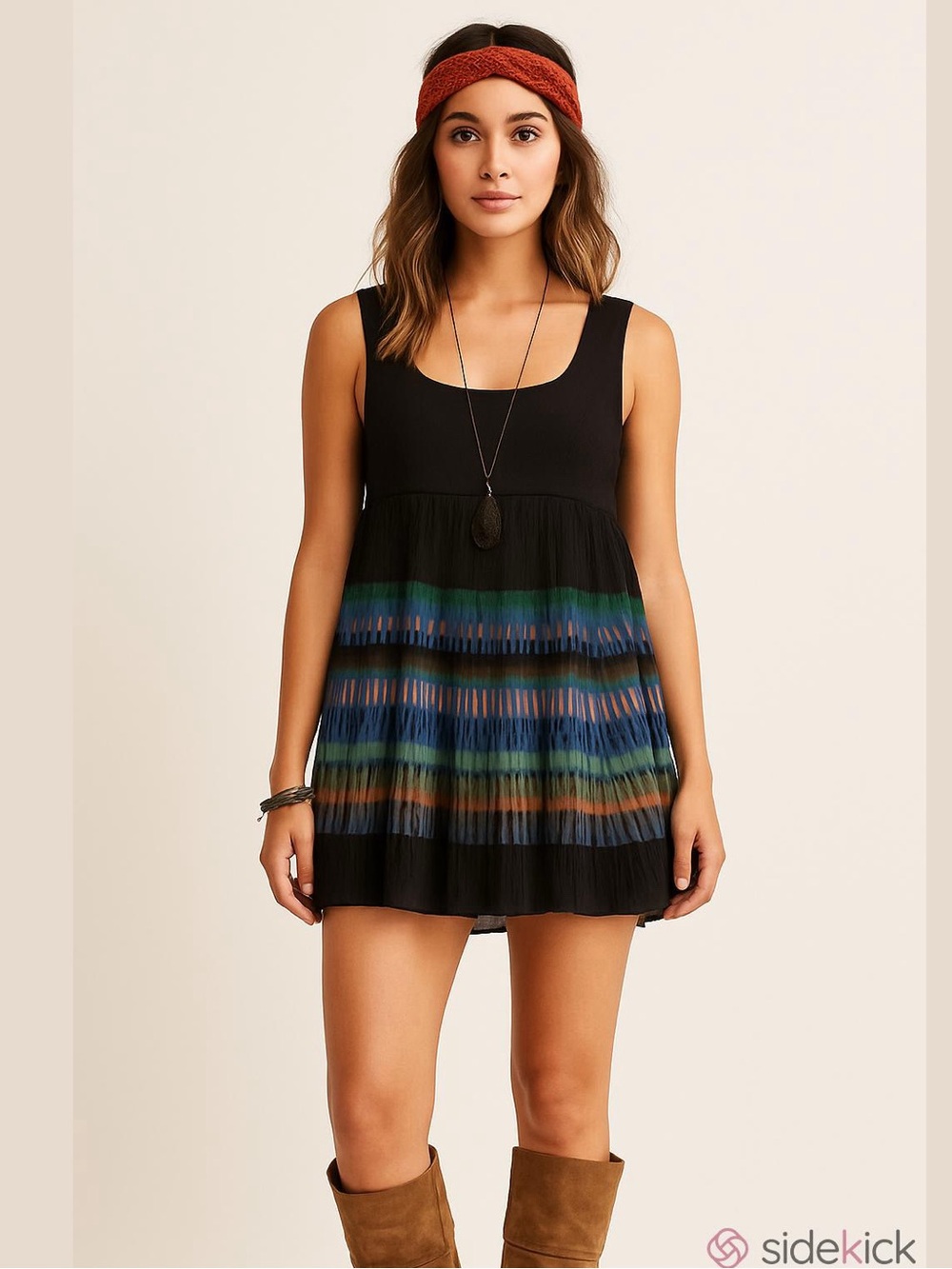 Anthropologie Deletta Pleated Peacock Accordion Swing Babydoll Tunic Tank Top